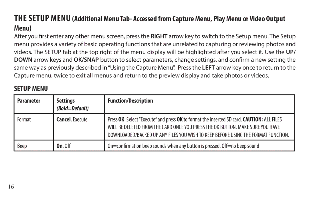 Bushnell 118328 instruction manual Setup Menu, Format, Beep On, Off 