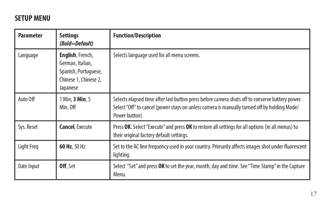 Bushnell 118328 Language, Selects language used for all menu screens, German, Italian, Japanese Auto Off Min, 3 Min, Menu 