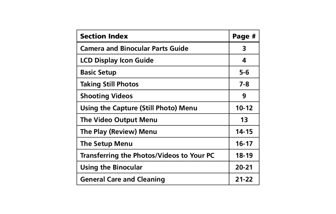 Bushnell 118328 Video Output Menu Play Review Menu, Setup Menu, Using the Binocular, General Care and Cleaning 