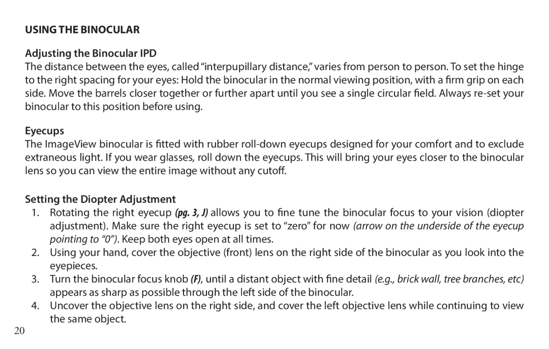 Bushnell 118328 instruction manual Adjusting the Binocular IPD, Eyecups, Setting the Diopter Adjustment 