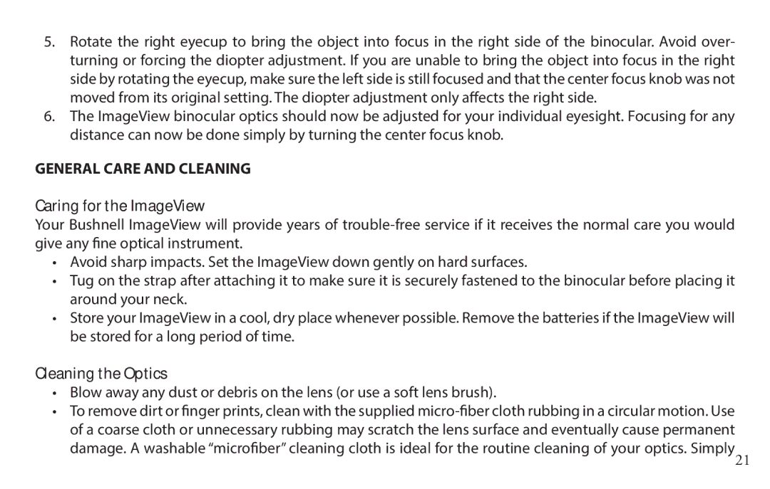 Bushnell 118328 instruction manual Caring for the ImageView, Cleaning the Optics 