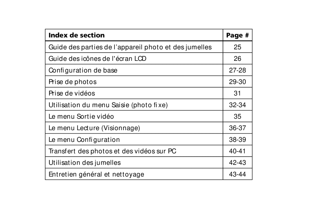 Bushnell 118328 instruction manual Index de section, Guide des icônes de lécran LCD Configuration de base, Prise de photos 