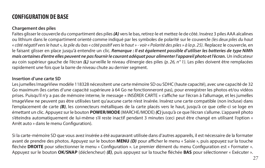 Bushnell 118328 instruction manual Configuration DE Base, Chargement des piles, Insertion d’une carte SD 