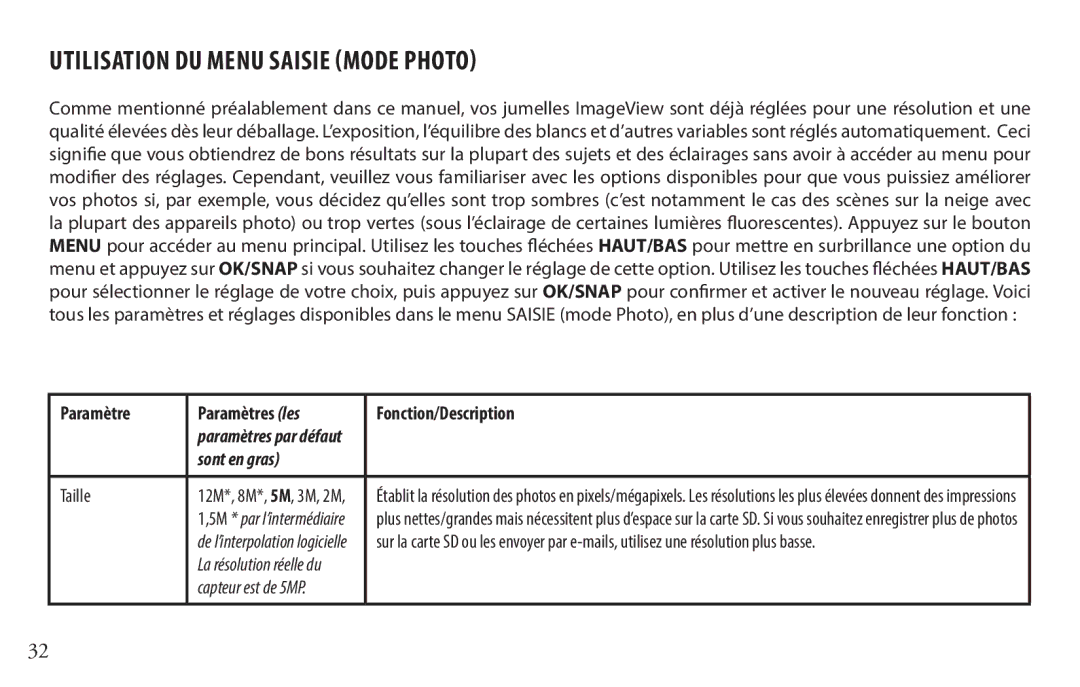 Bushnell 118328 Utilisation DU Menu Saisie Mode Photo, Paramètre Paramètres les Fonction/Description, Taille 