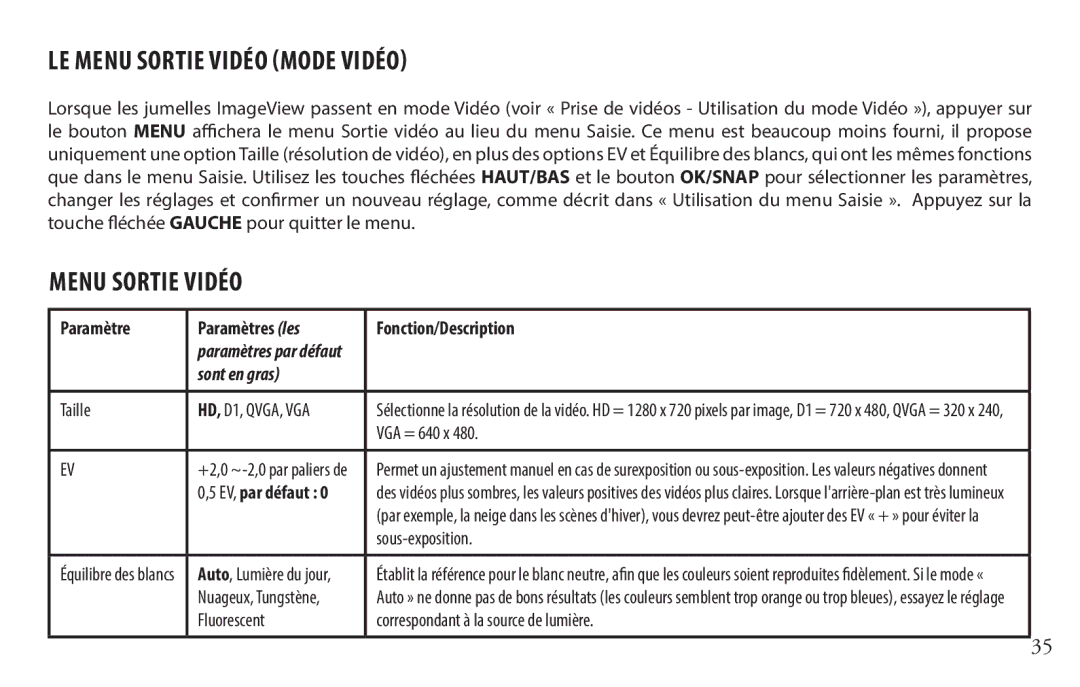 Bushnell 118328 instruction manual LE Menu Sortie Vidéo Mode Vidéo, VGA = 640 x, +2,0 ~-2,0 par paliers de 