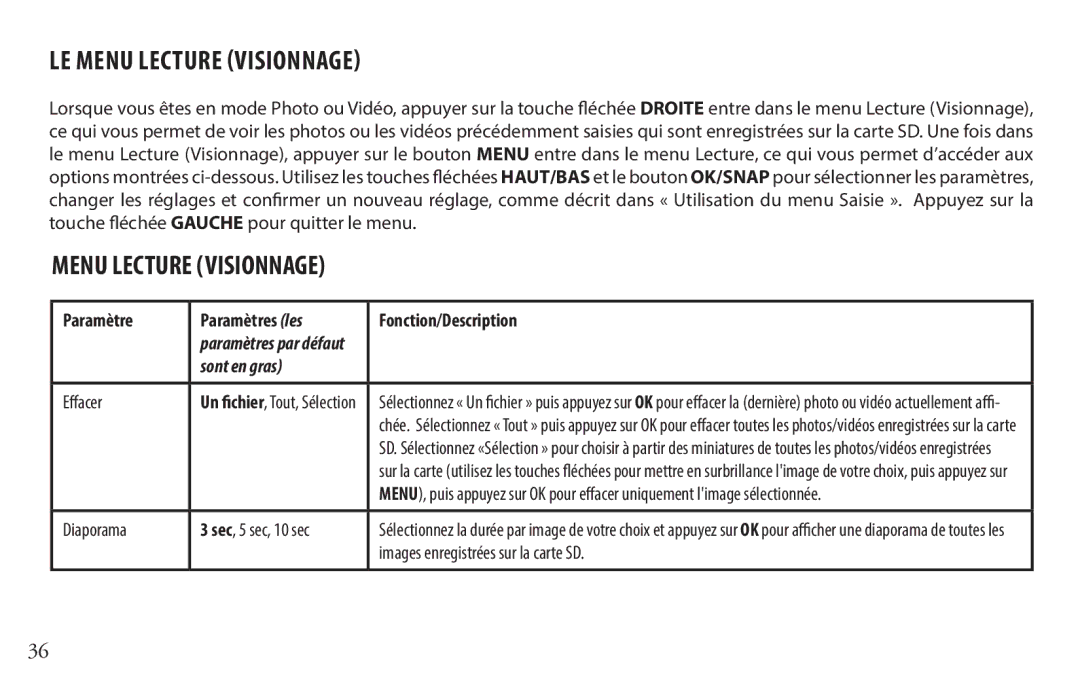 Bushnell 118328 instruction manual LE Menu Lecture Visionnage, Effacer, Diaporama, Images enregistrées sur la carte SD 