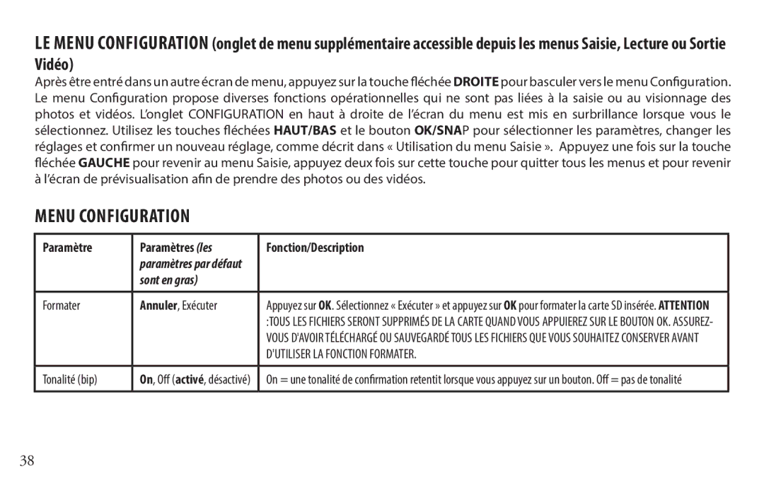 Bushnell 118328 instruction manual Menu Configuration, Formater Annuler, Exécuter, Tonalité bip 