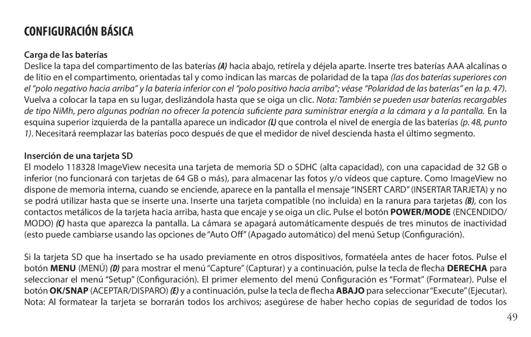 Bushnell 118328 instruction manual Configuración Básica, Carga de las baterías, Inserción de una tarjeta SD 