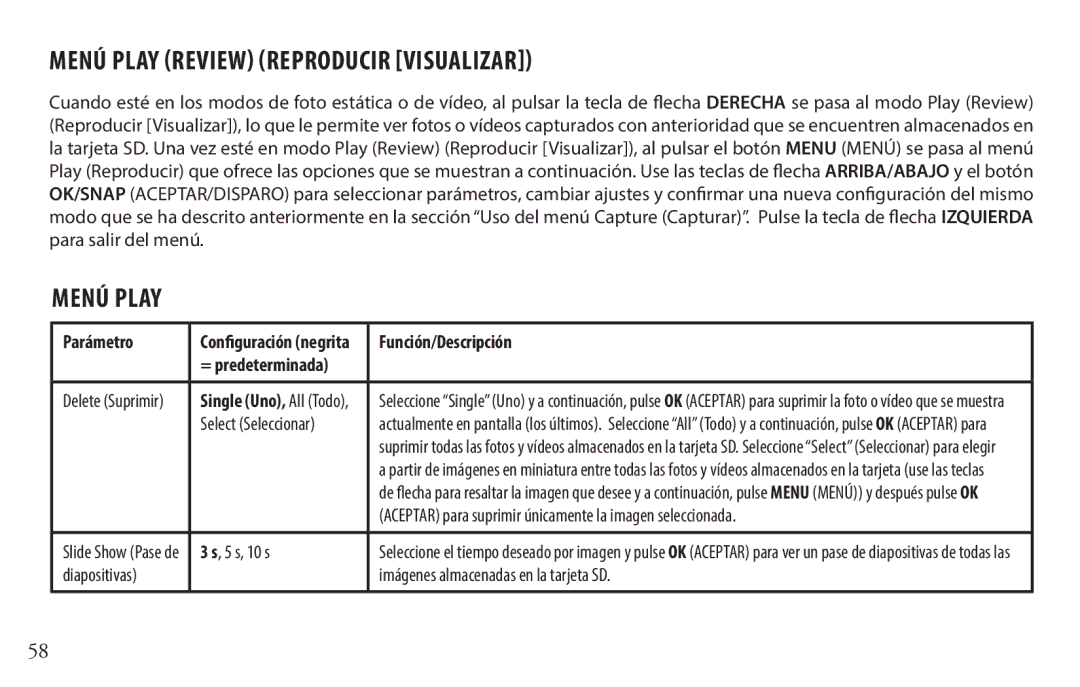 Bushnell 118328 Menú Play Review Reproducir Visualizar, Aceptar para suprimir únicamente la imagen seleccionada, 5 s, 10 s 