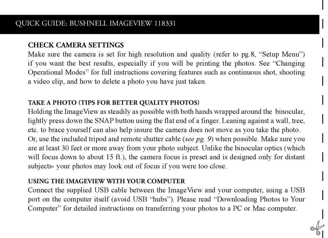Bushnell 118330, 118331, 98-1276/09-08 Take a Photo Tips For Better Quality Photos, Using the Imageview with Your Computer 