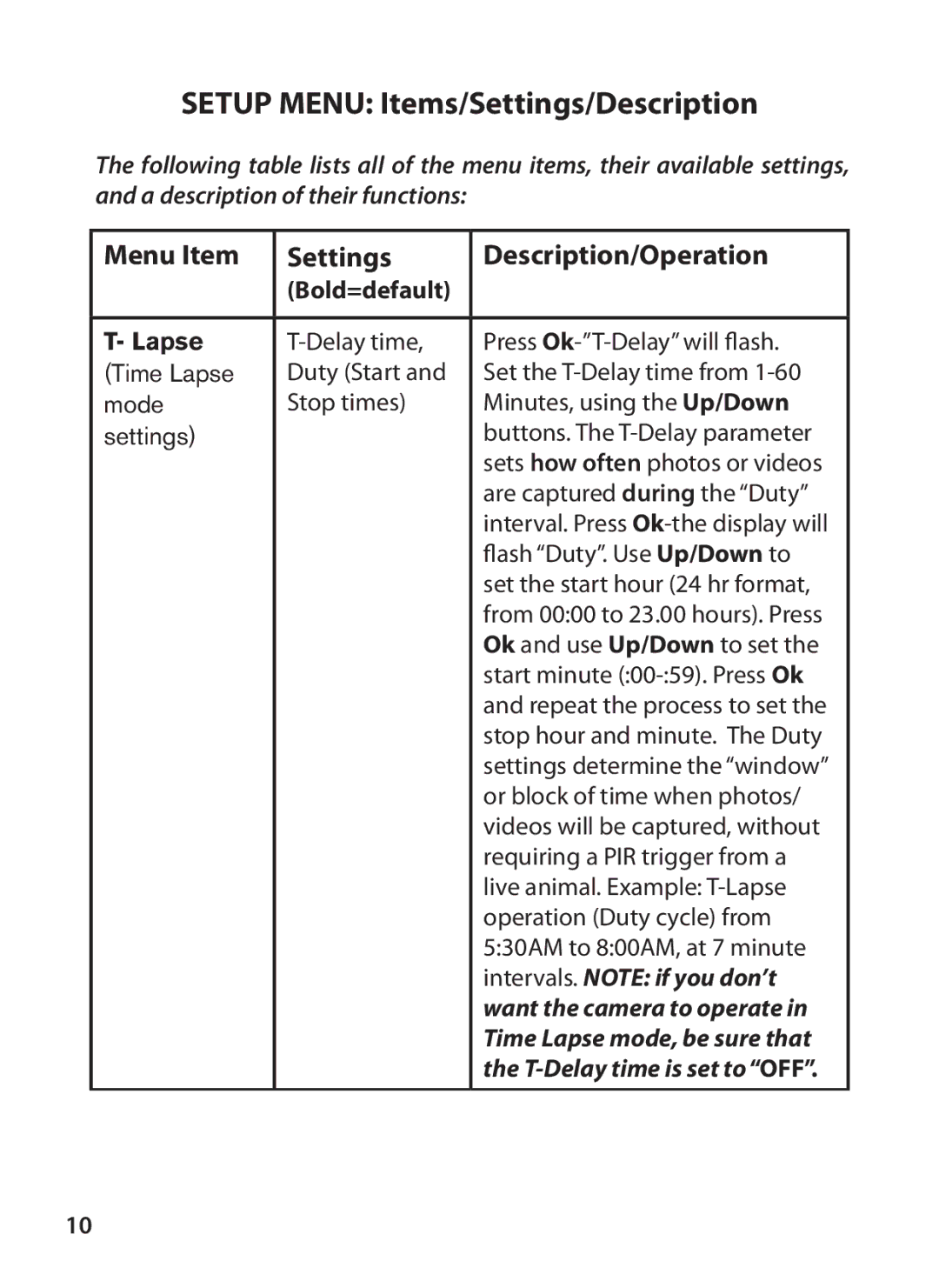 Bushnell 119327 Setup Menu Items/Settings/Description, Menu Item Settings Description/Operation, Bold=default Lapse 