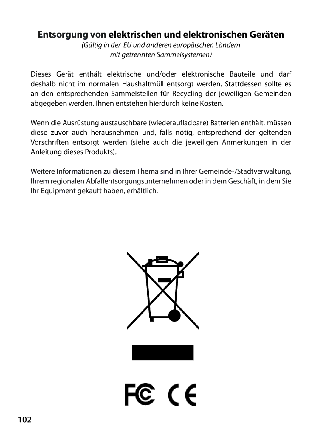 Bushnell 119327 instruction manual Entsorgung von elektrischen und elektronischen Geräten, 102 