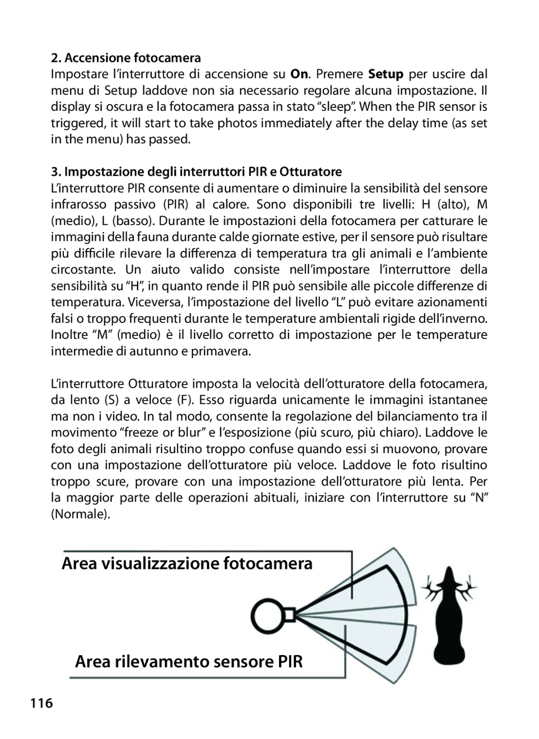 Bushnell 119327 instruction manual 116, Accensione fotocamera, Impostazione degli interruttori PIR e Otturatore 