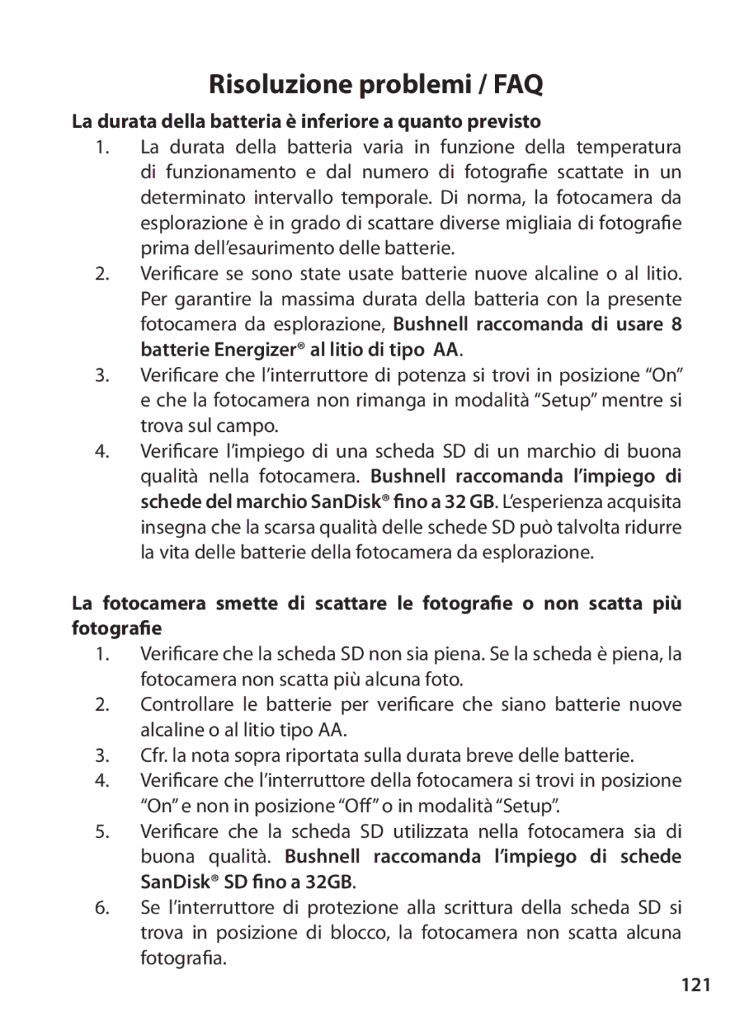 Bushnell 119327 instruction manual La durata della batteria è inferiore a quanto previsto, 121 