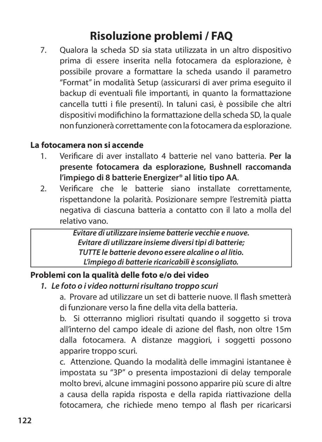 Bushnell 119327 instruction manual La fotocamera non si accende, Problemi con la qualità delle foto e/o dei video, 122 