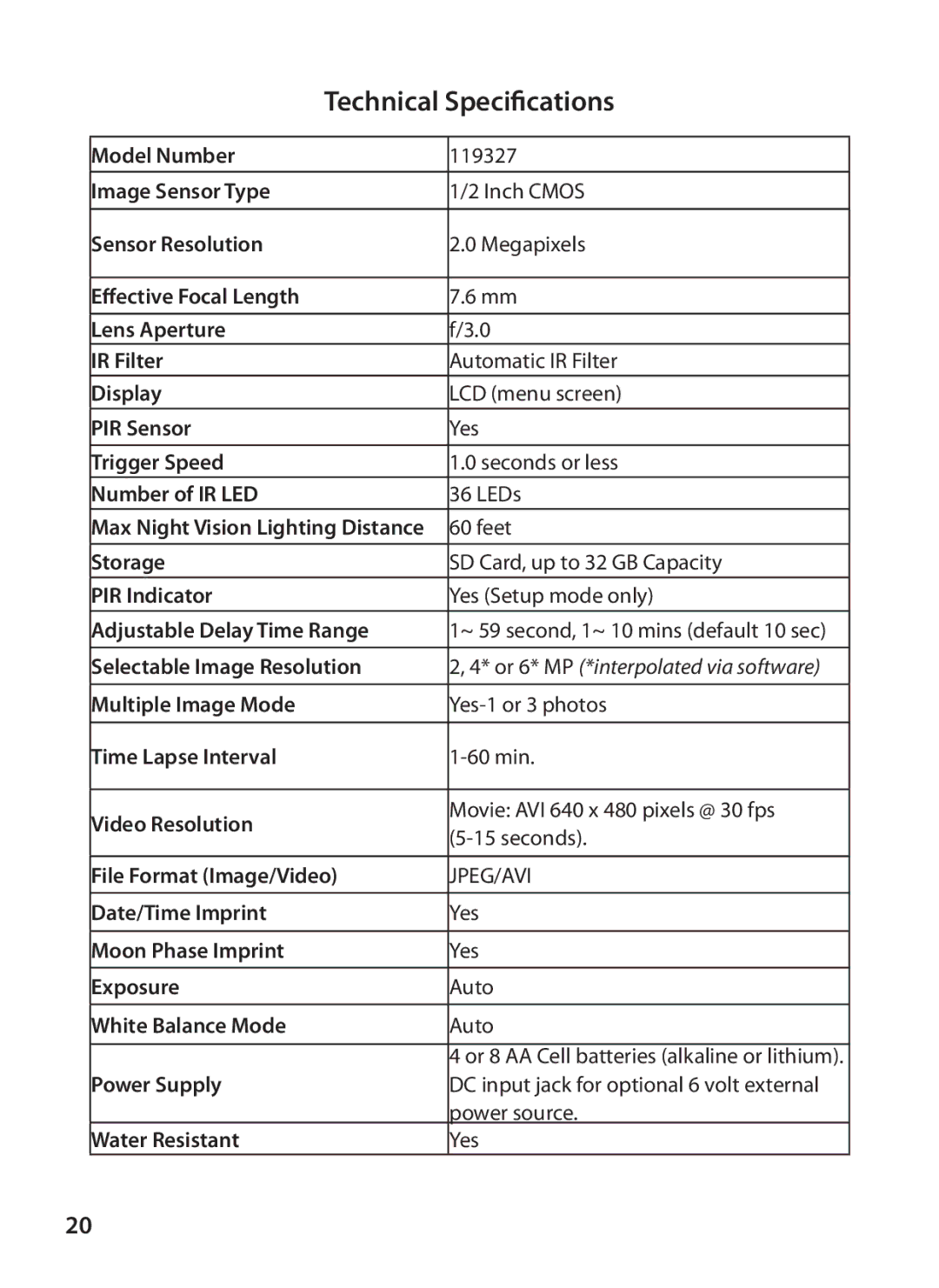 Bushnell 119327 instruction manual Technical Specifications 