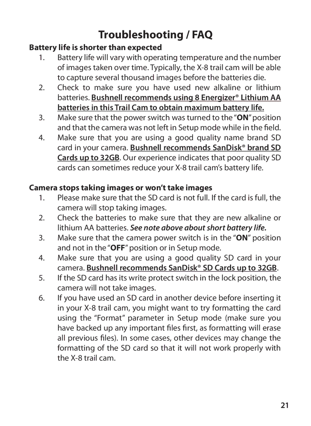Bushnell 119327 instruction manual Battery life is shorter than expected, Camera stops taking images or won’t take images 
