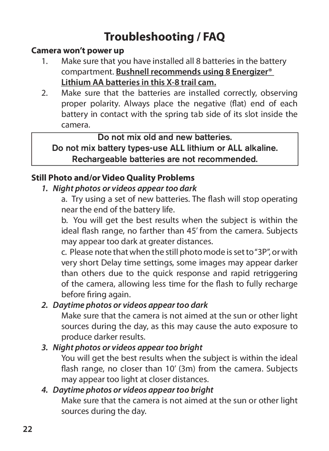 Bushnell 119327 instruction manual Camera won’t power up, Lithium AA batteries in this X-8 trail cam 