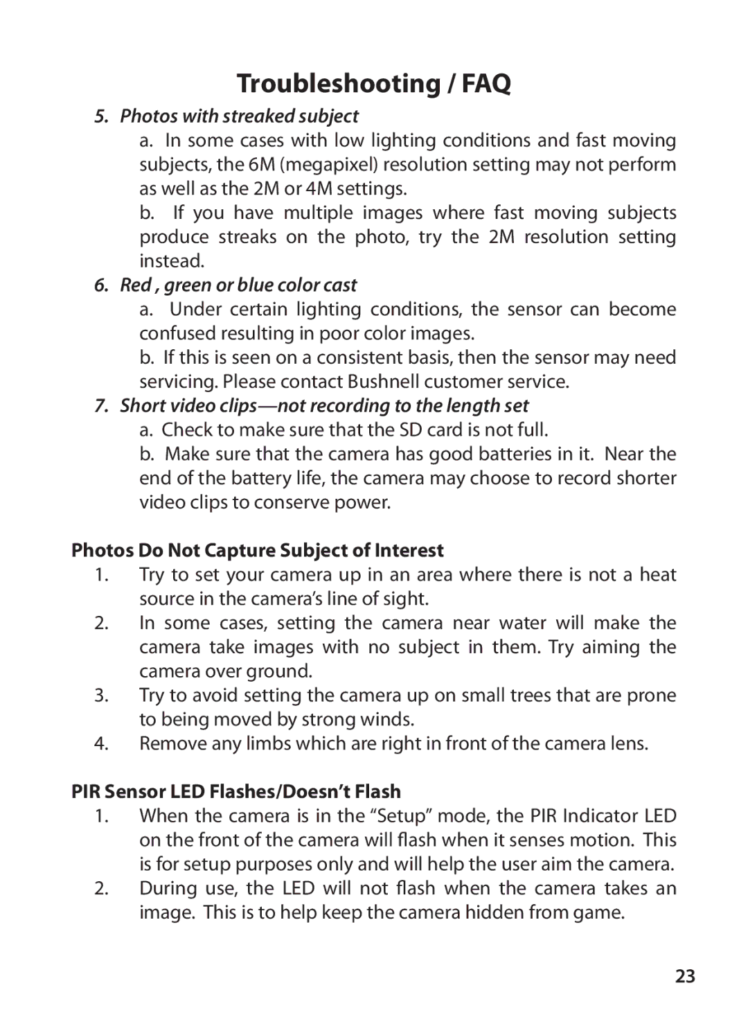 Bushnell 119327 instruction manual Photos Do Not Capture Subject of Interest, PIR Sensor LED Flashes/Doesn’t Flash 