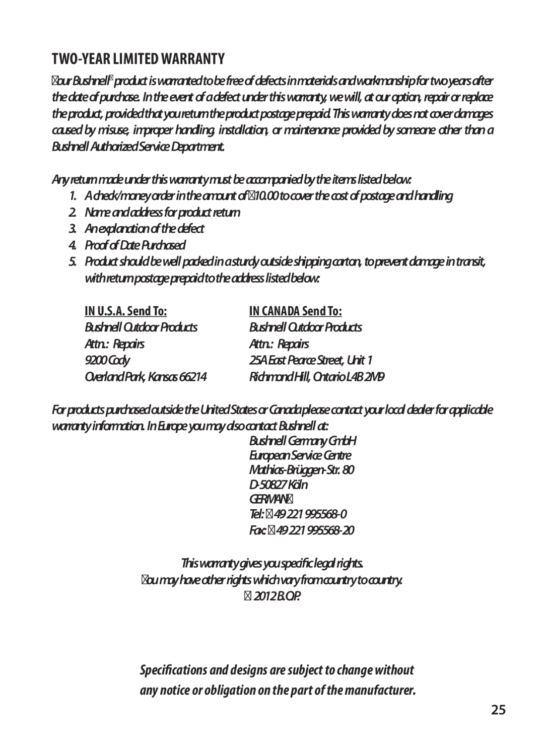 Bushnell 119327 instruction manual TWO-YEAR Limited Warranty, U.S.A. Send To, Attn. Repairs Cody 