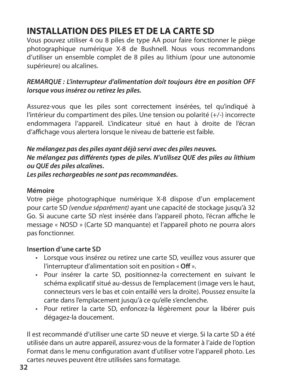 Bushnell 119327 instruction manual Installation DES Piles ET DE LA Carte SD, Mémoire, Insertion d’une carte SD 
