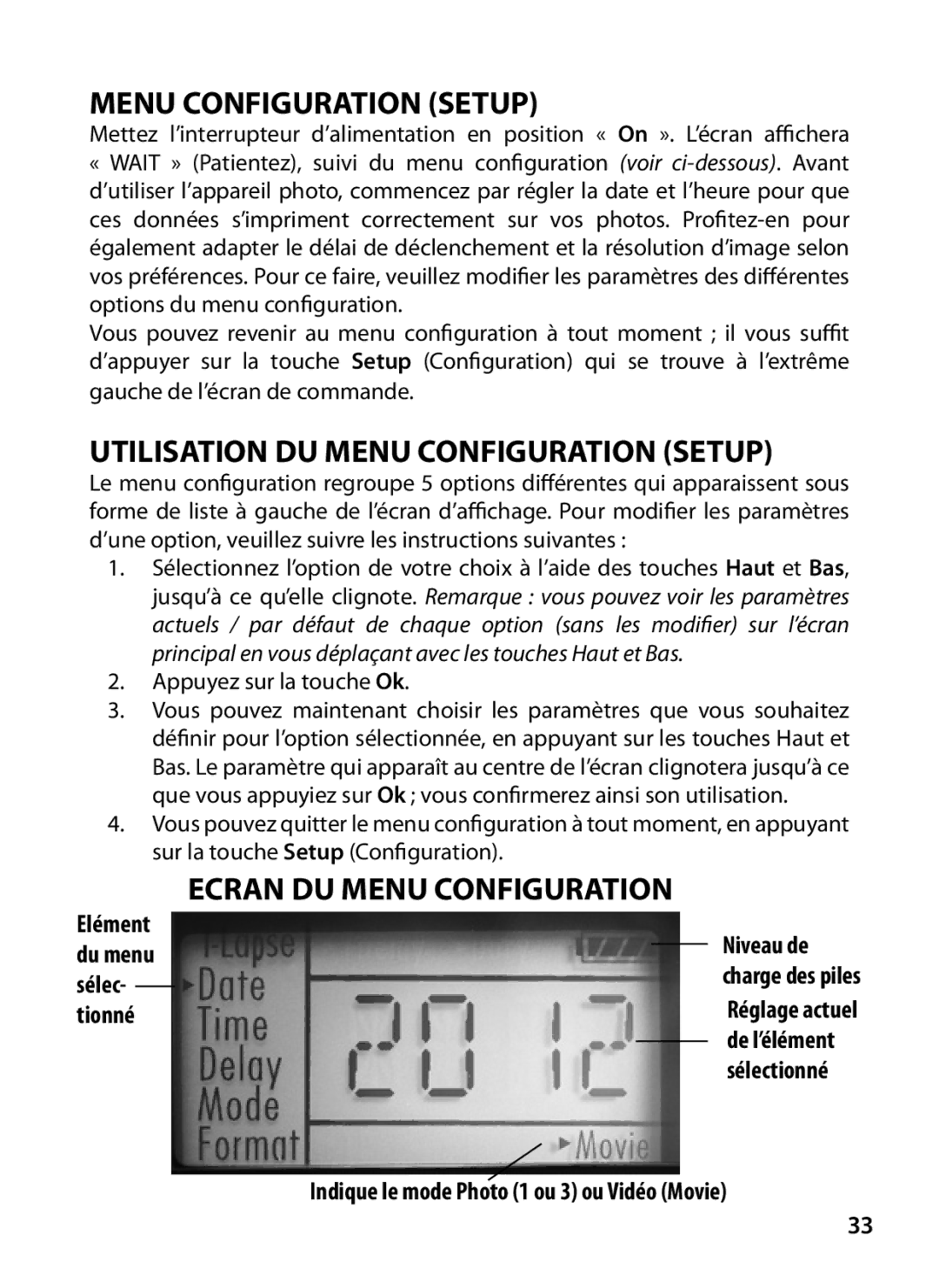 Bushnell 119327 Utilisation DU Menu Configuration Setup, Ecran DU Menu Configuration, Niveau de, Tionné 