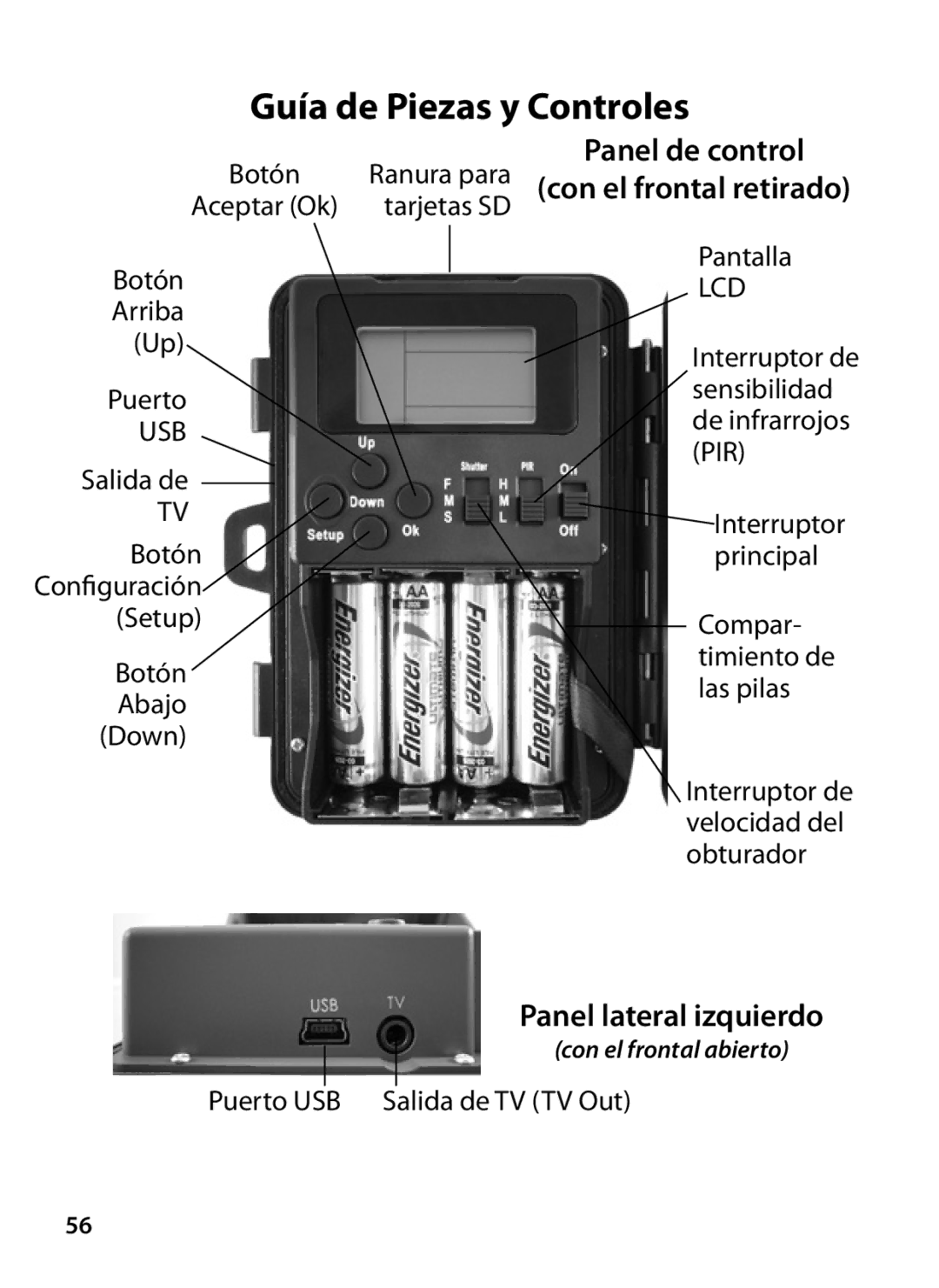 Bushnell 119327 instruction manual Panel de control Con el frontal retirado, Panel lateral izquierdo, Aceptar Ok 