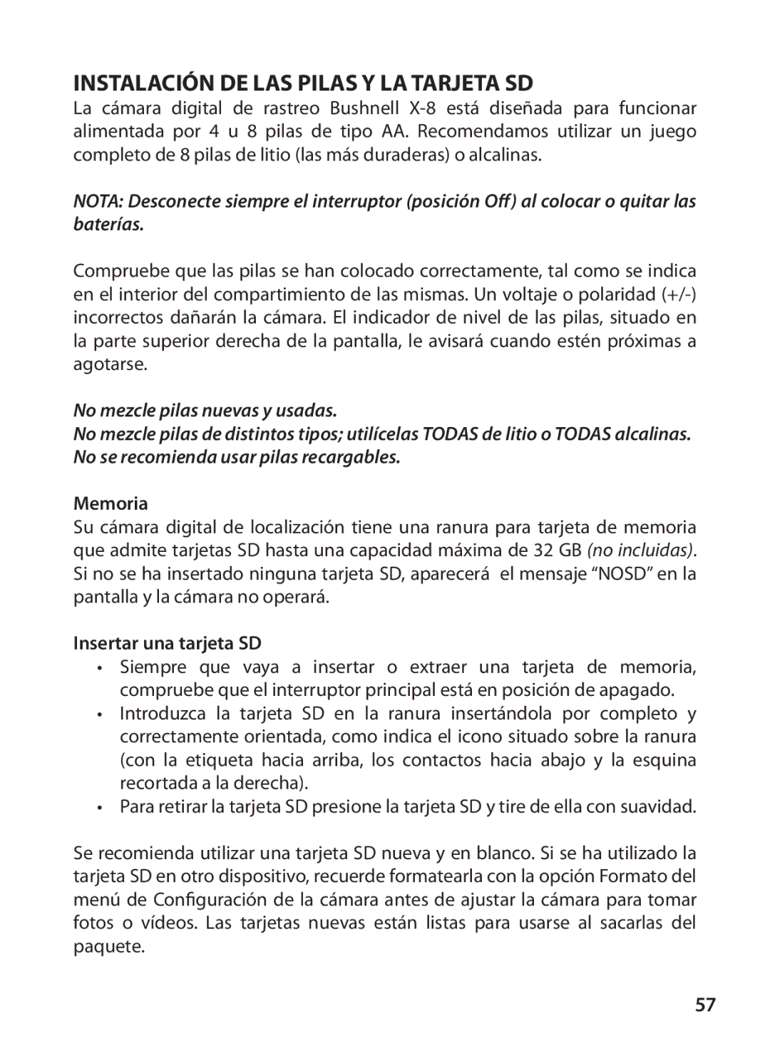 Bushnell 119327 instruction manual Instalación DE LAS Pilas Y LA Tarjeta SD, Memoria, Insertar una tarjeta SD 