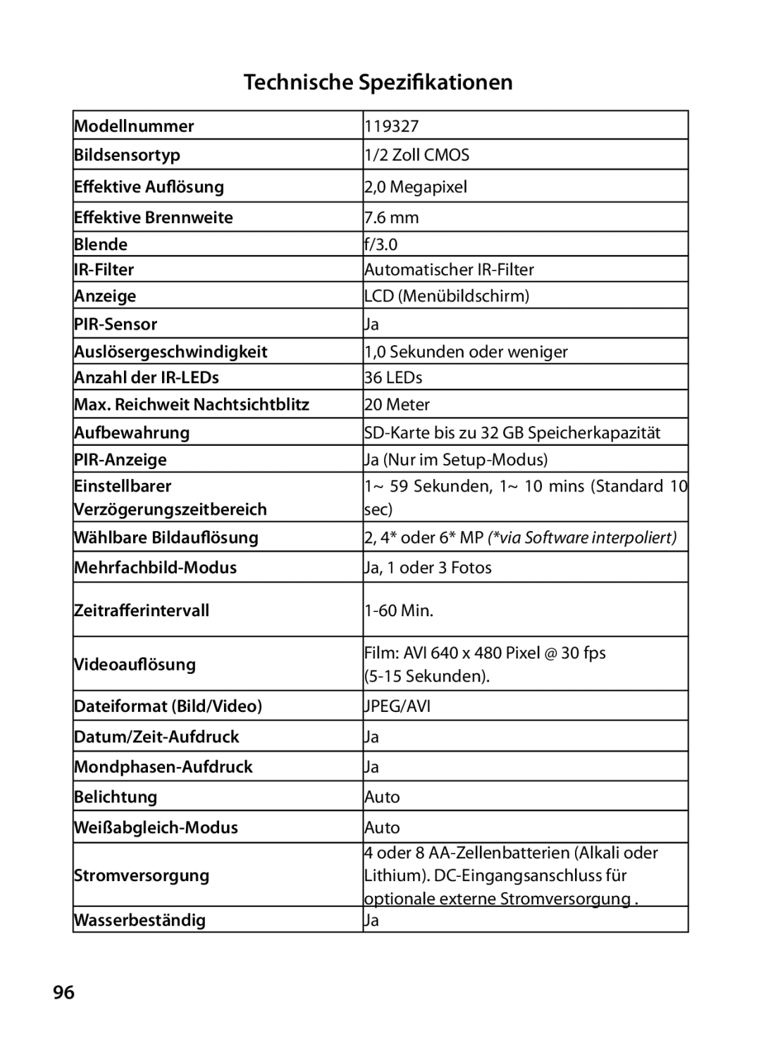 Bushnell 119327 instruction manual Technische Spezifikationen 