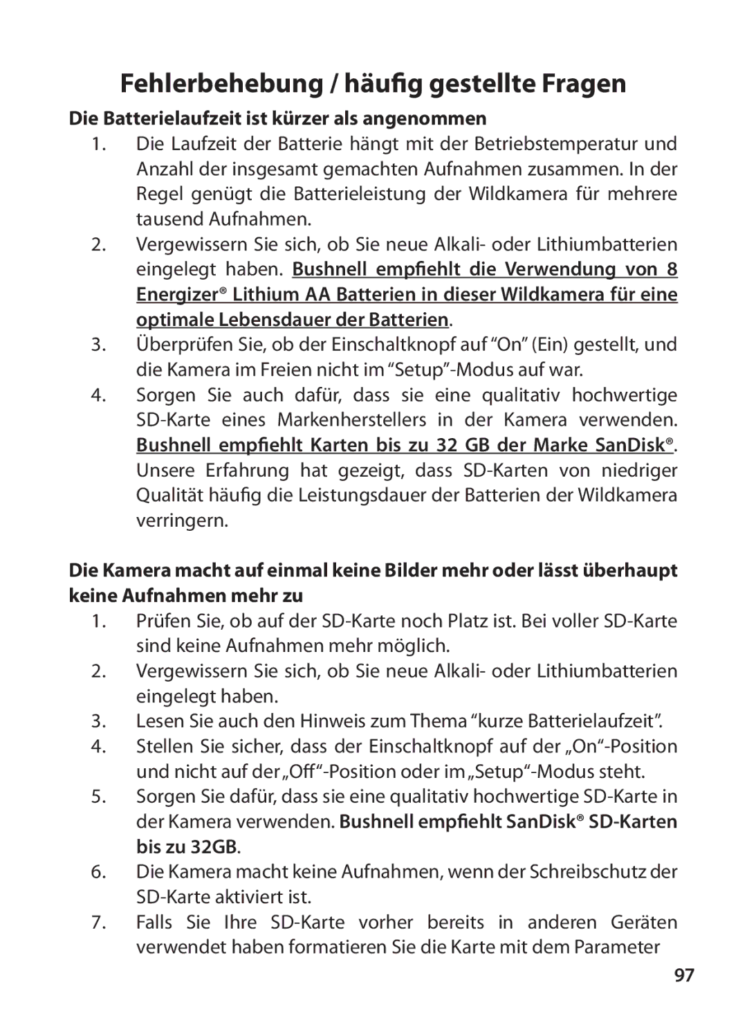 Bushnell 119327 instruction manual Fehlerbehebung / häufig gestellte Fragen, Die Batterielaufzeit ist kürzer als angenommen 