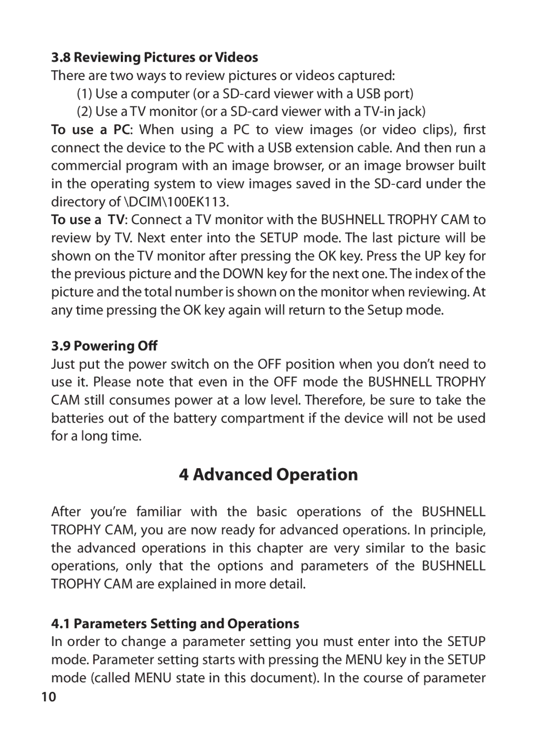 Bushnell 119405, 119415 Advanced Operation, Reviewing Pictures or Videos, Powering Off, Parameters Setting and Operations 