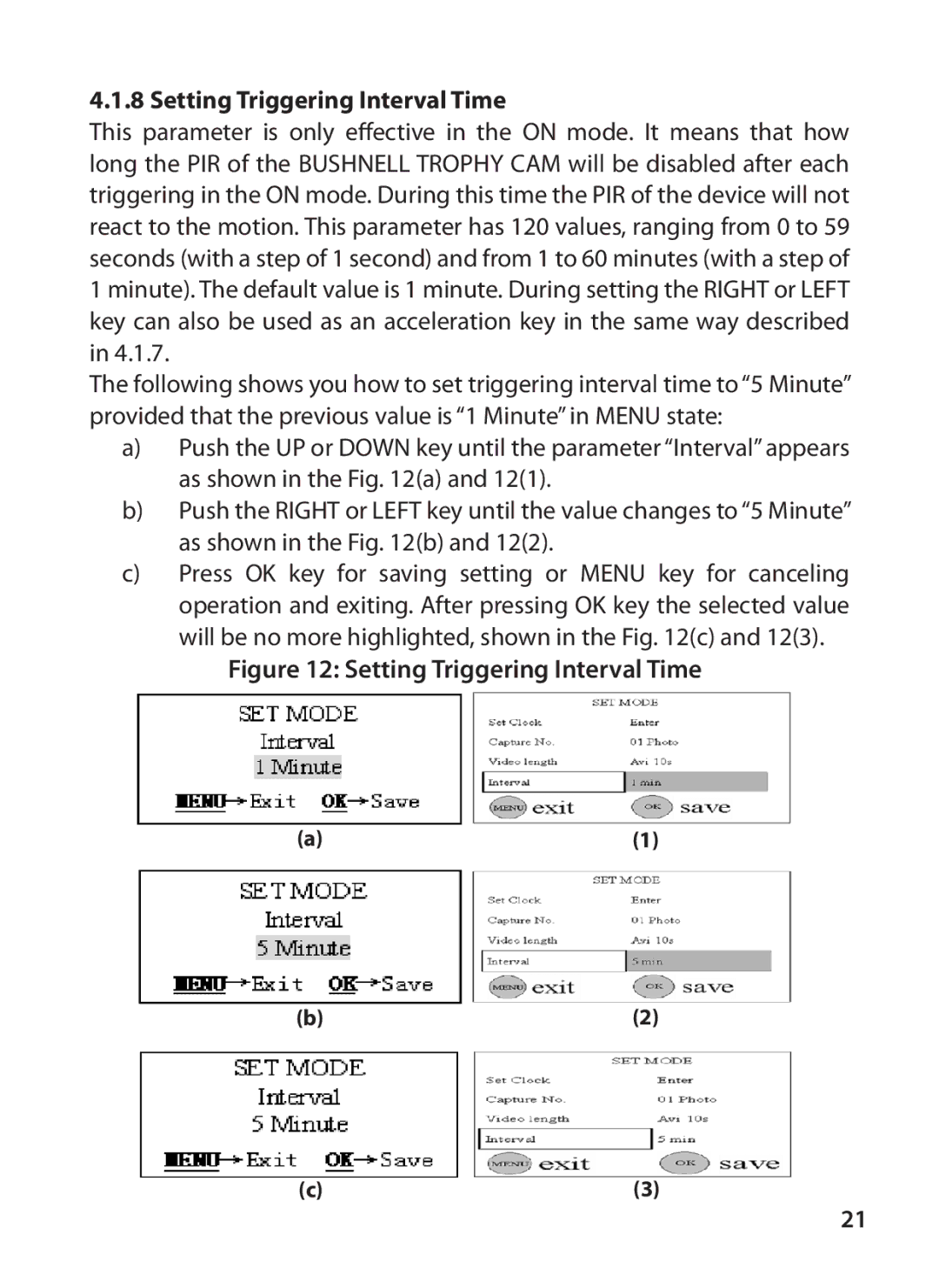 Bushnell 119415, 119405 instruction manual Setting Triggering Interval Time 