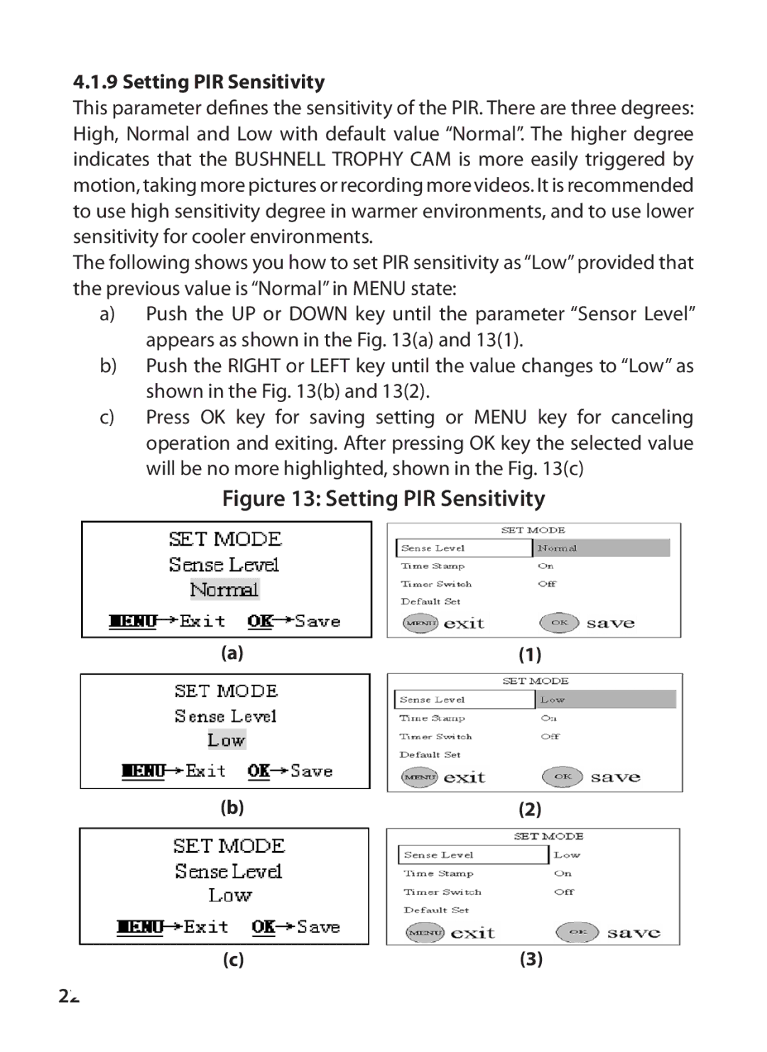 Bushnell 119405, 119415 instruction manual Setting PIR Sensitivity 