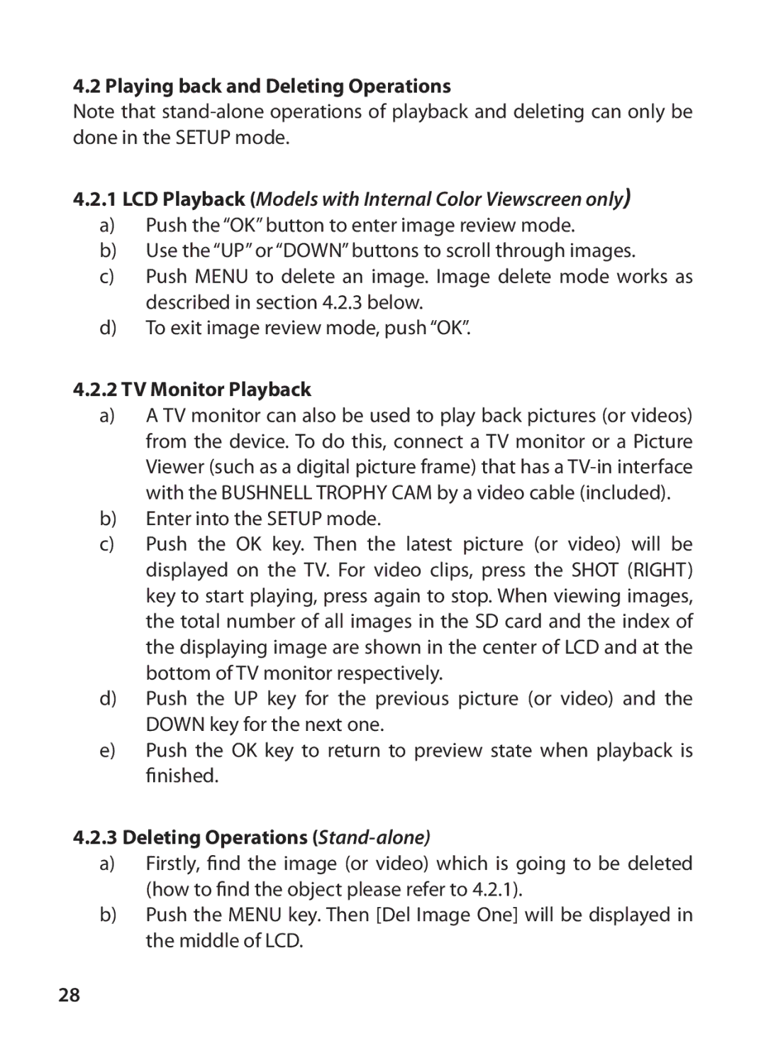 Bushnell 119405, 119415 Playing back and Deleting Operations, TV Monitor Playback, Deleting Operations Stand-alone 