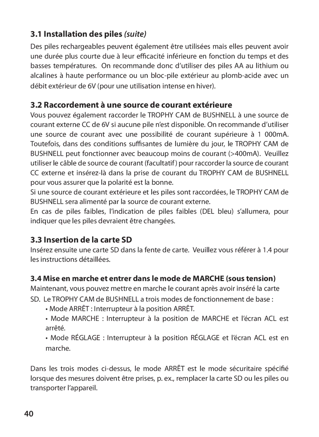 Bushnell 119405 Installation des piles suite, Raccordement à une source de courant extérieure, Insertion de la carte SD 