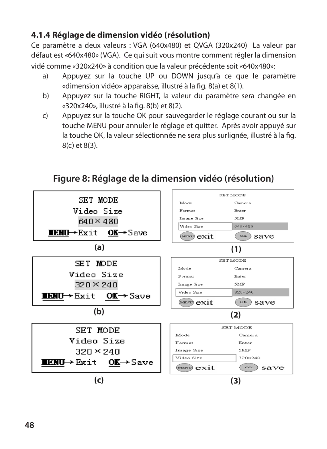 Bushnell 119405, 119415 instruction manual Réglage de la dimension vidéo résolution, 4 Réglage de dimension vidéo résolution 