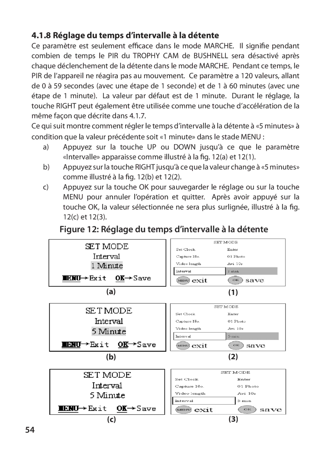 Bushnell 119405, 119415 instruction manual 8 Réglage du temps d’intervalle à la détente 