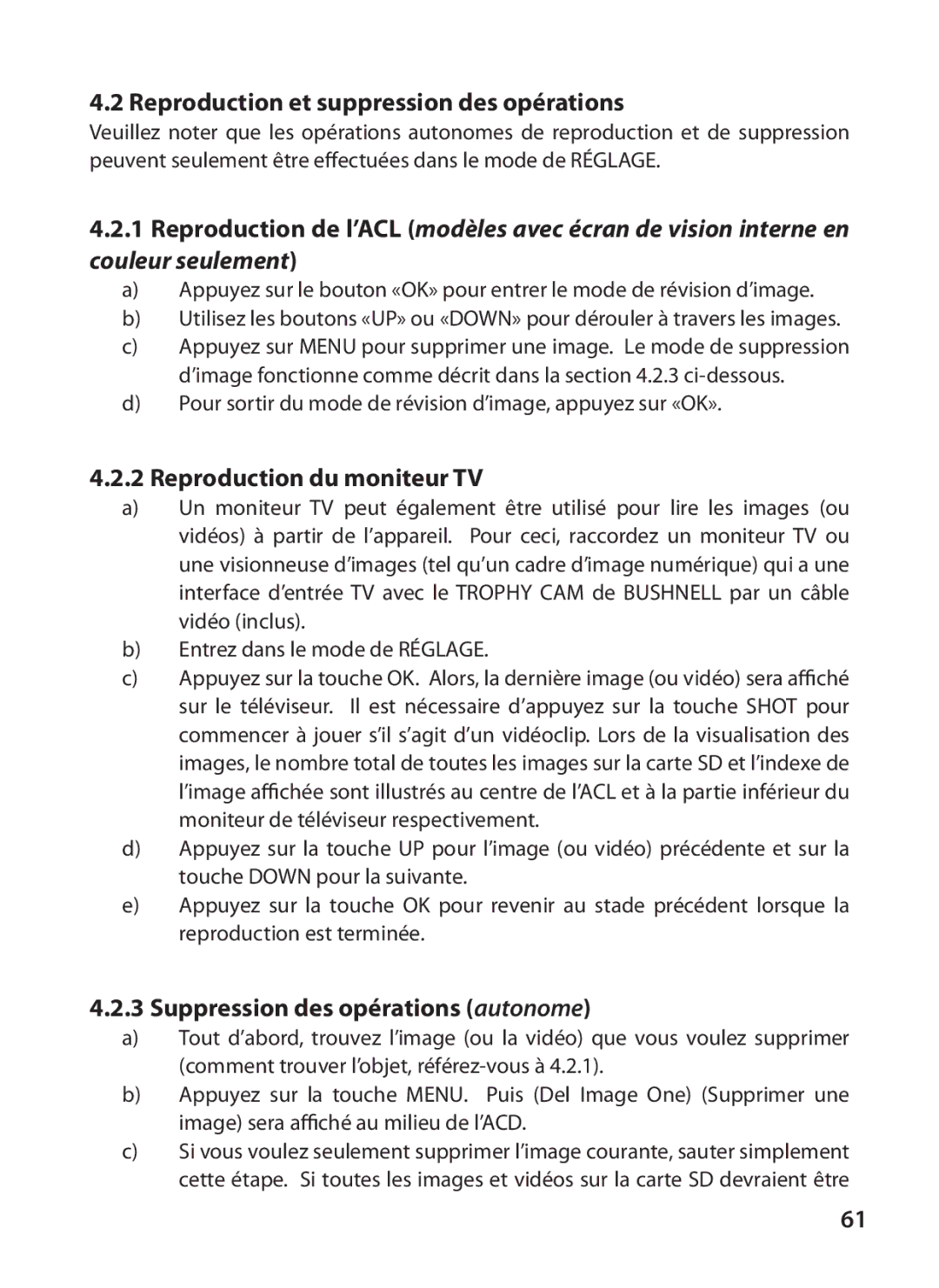 Bushnell 119415, 119405 instruction manual Reproduction et suppression des opérations, Reproduction du moniteur TV 