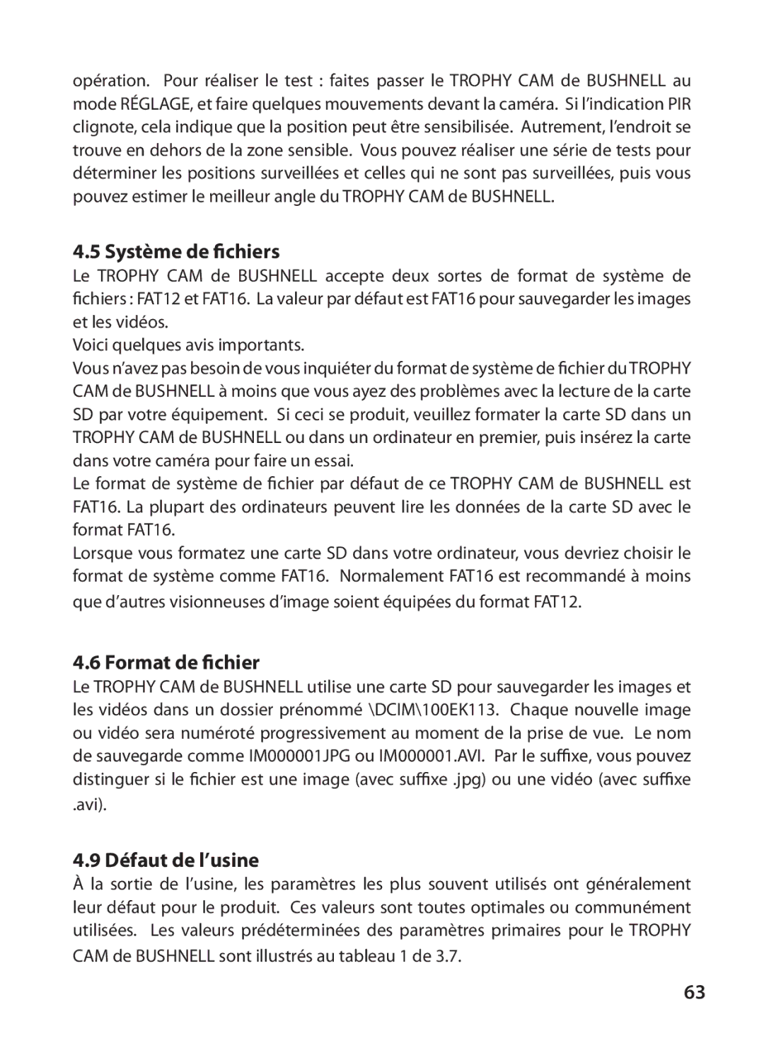 Bushnell 119415, 119405 instruction manual Système de fichiers, Format de fichier, Défaut de l’usine 