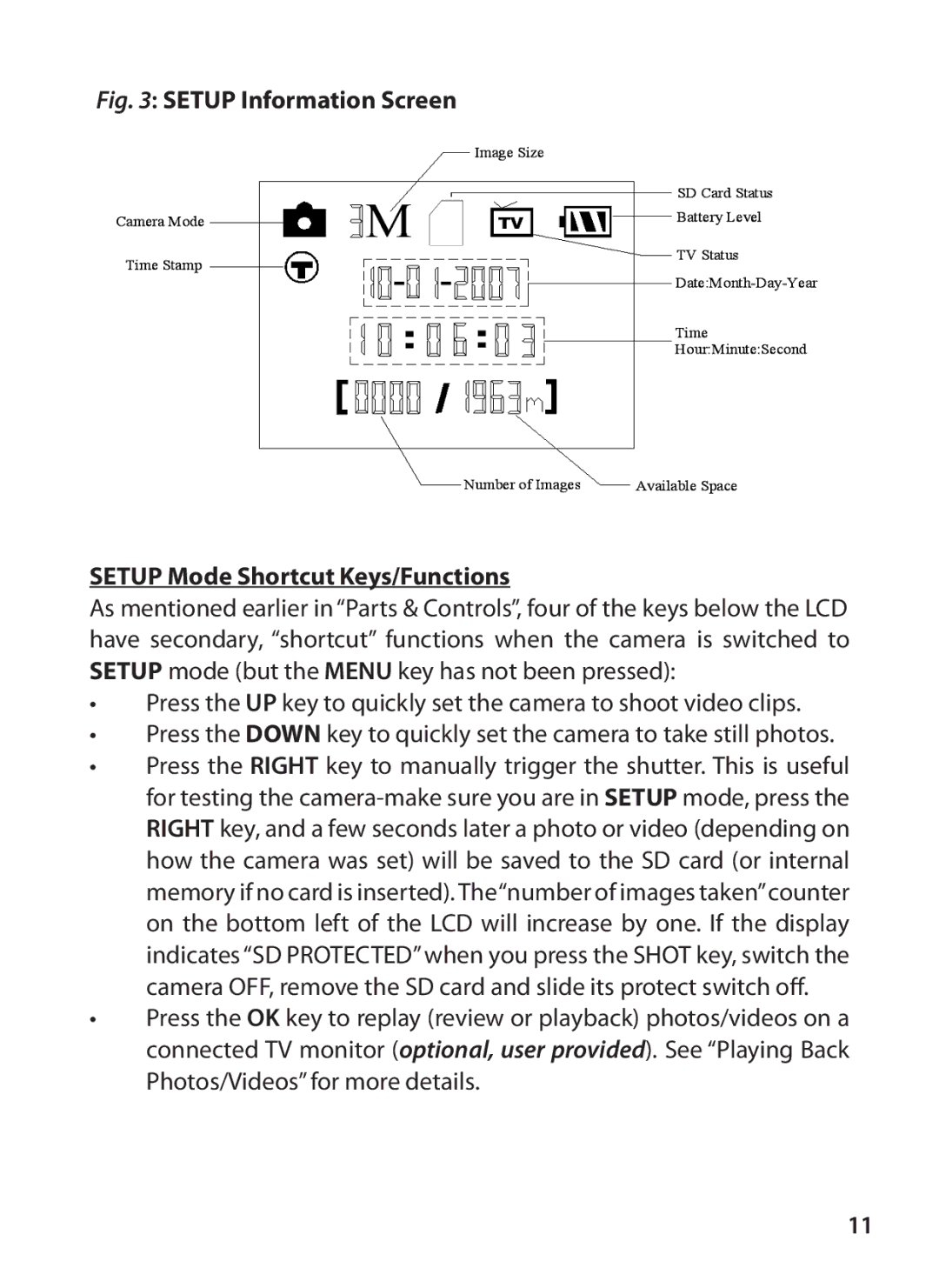 Bushnell 119425C instruction manual Setup Information Screen Setup Mode Shortcut Keys/Functions 