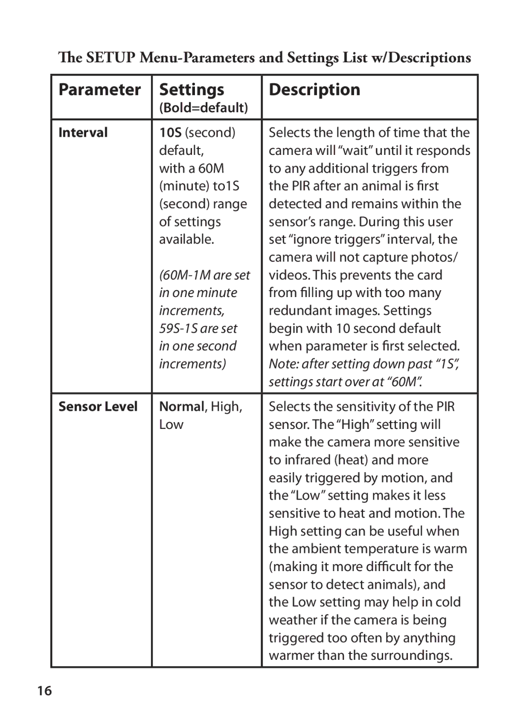 Bushnell 119425C instruction manual Bold=default Interval, Increments Settings start over at 60M 