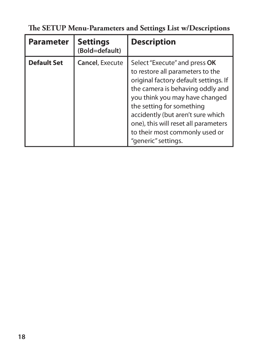 Bushnell 119425C instruction manual Bold=default Default Set, To restore all parameters to 