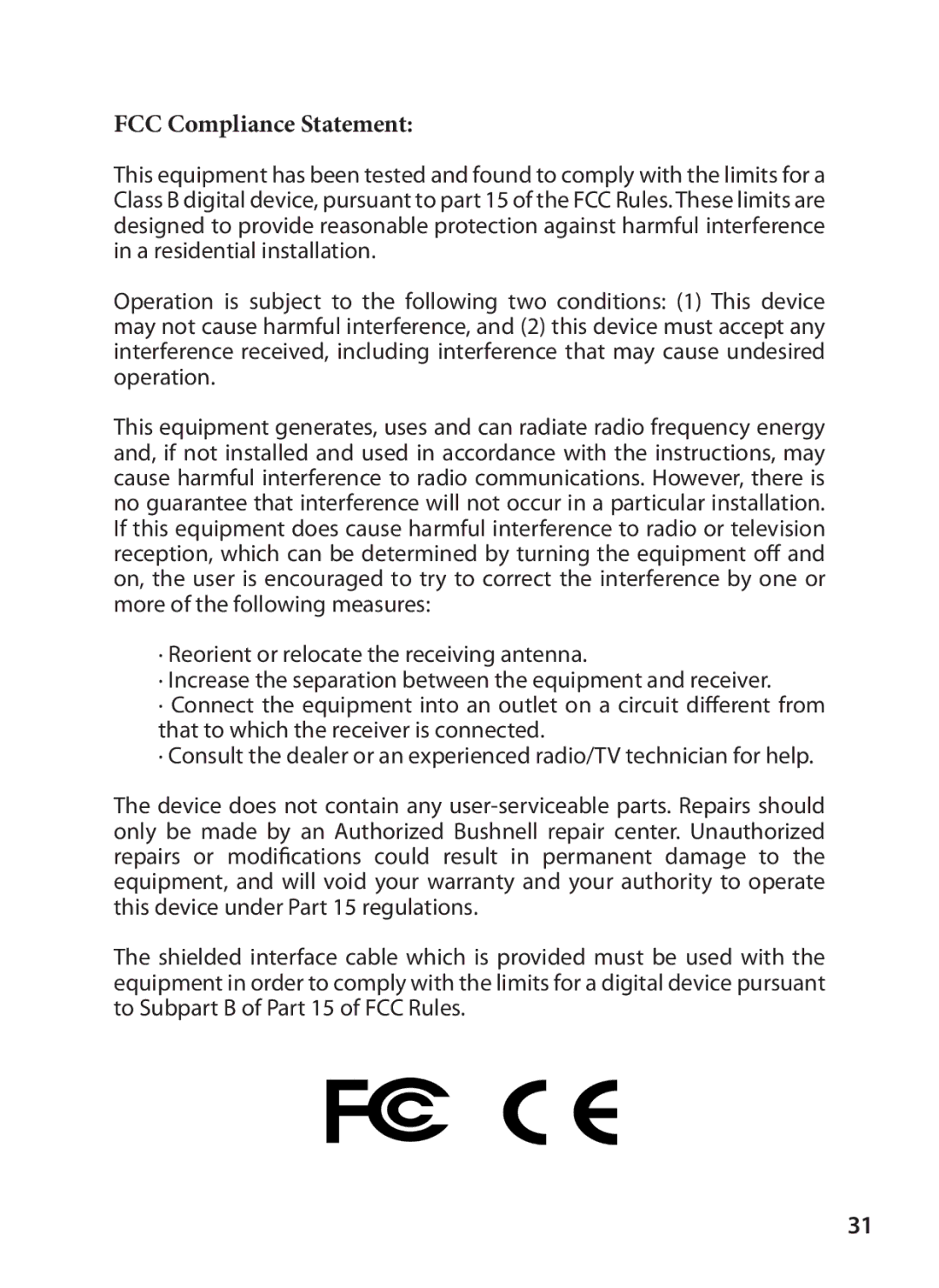 Bushnell 119425C instruction manual FCC Compliance Statement 