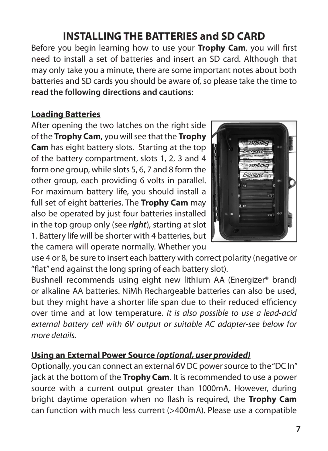 Bushnell 119425C instruction manual Installing the Batteries and SD Card, Loading Batteries 