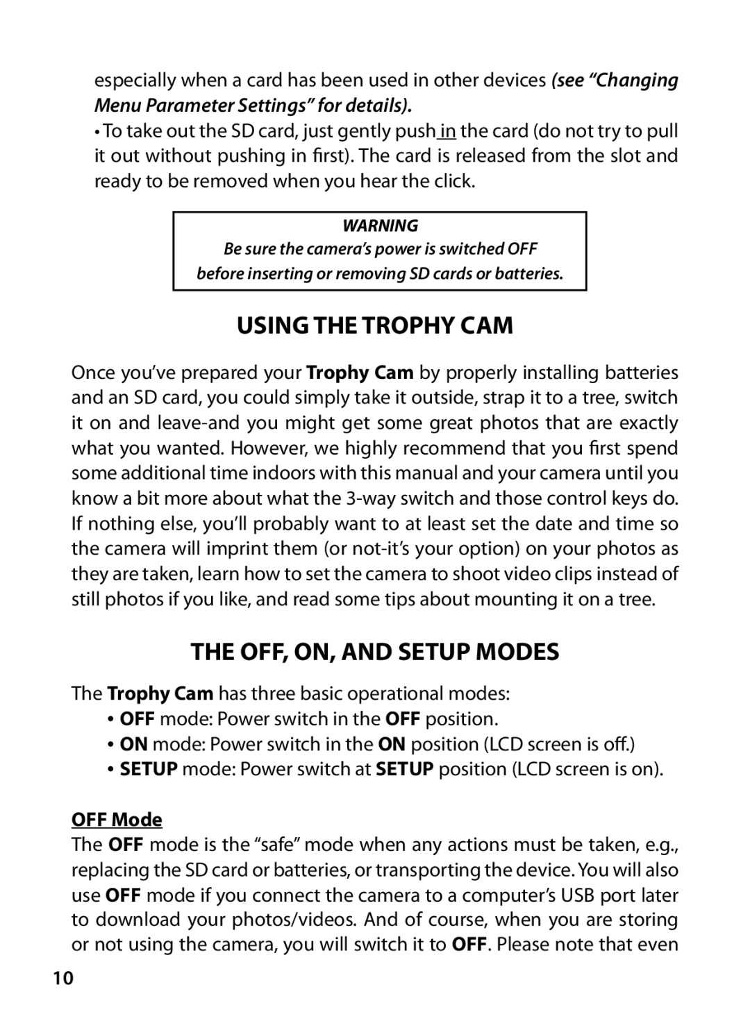 Bushnell 119426C, 119425C2 instruction manual Menu Parameter Settings for details, OFF Mode 