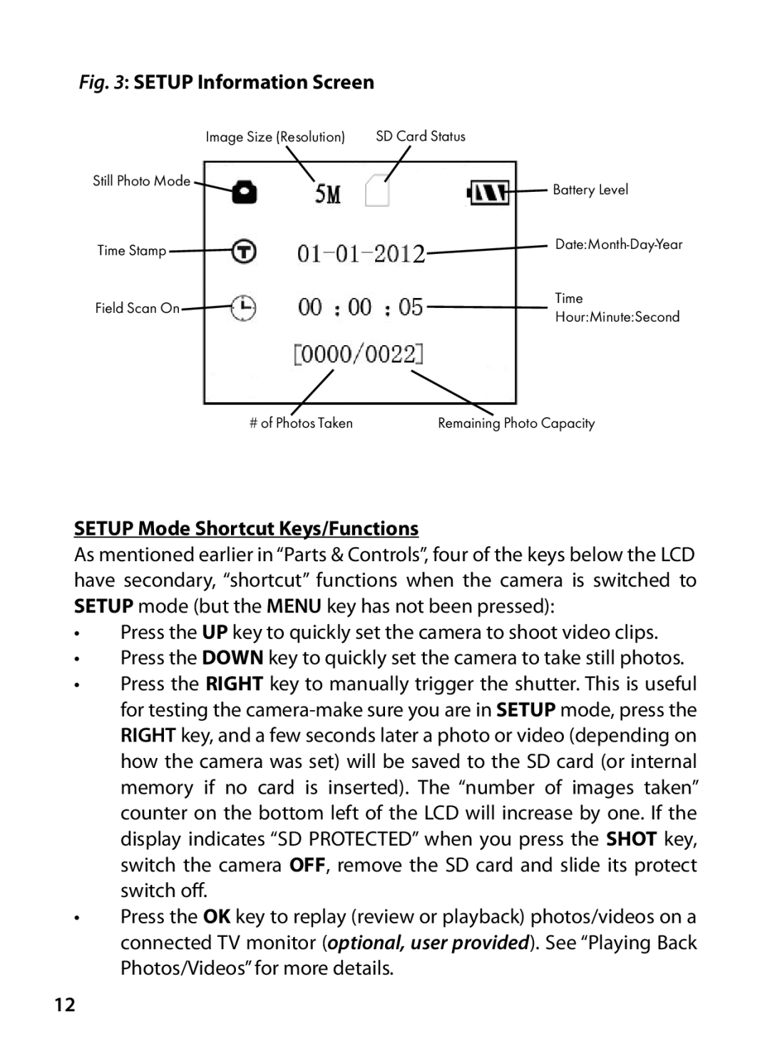 Bushnell 119426C, 119425C2 instruction manual Setup Information Screen, Setup Mode Shortcut Keys/Functions 