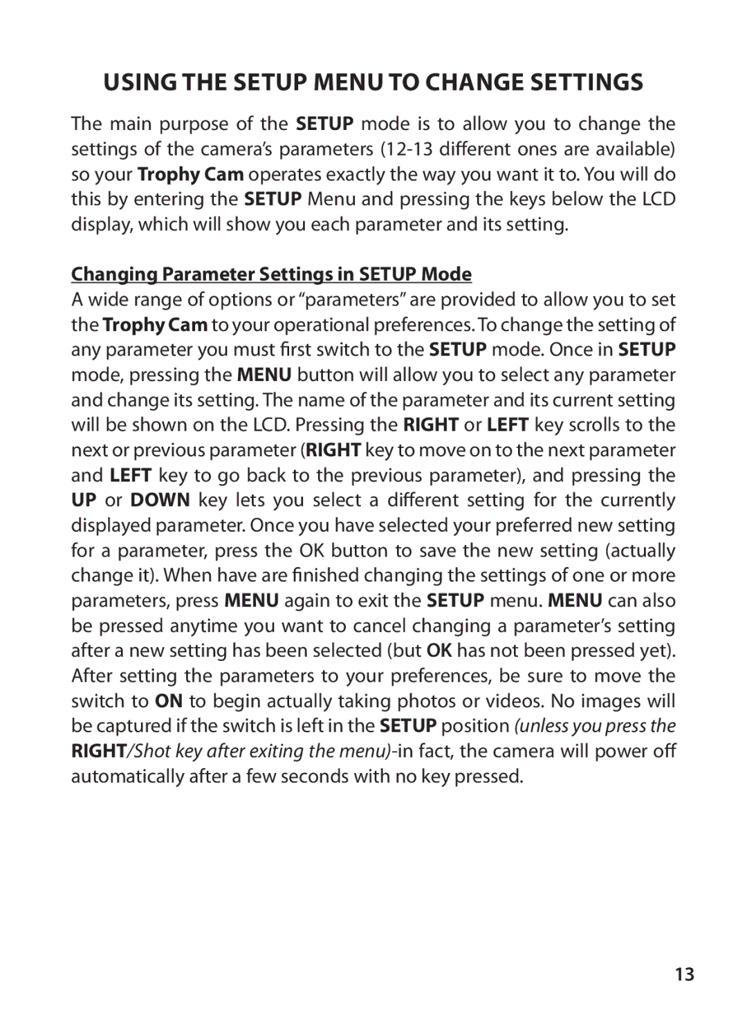 Bushnell 119425C2, 119426C Using the Setup Menu to Change Settings, Changing Parameter Settings in Setup Mode 