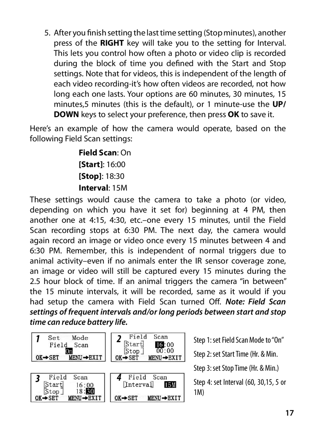 Bushnell 119425C2, 119426C instruction manual Field Scan On Start, Interval 15M 