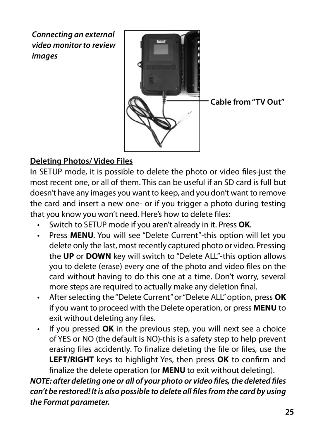 Bushnell 119425C2, 119426C instruction manual Deleting Photos/ Video Files Cable from TV Out 