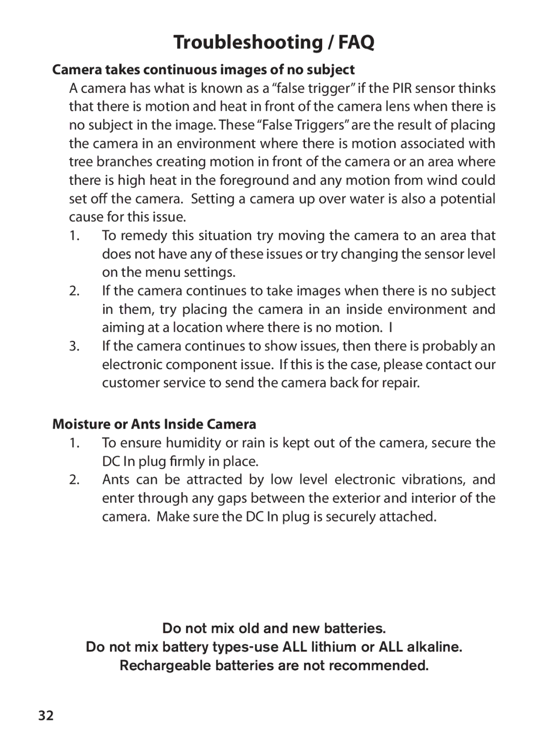 Bushnell 119426C, 119425C2 instruction manual Camera takes continuous images of no subject, Moisture or Ants Inside Camera 